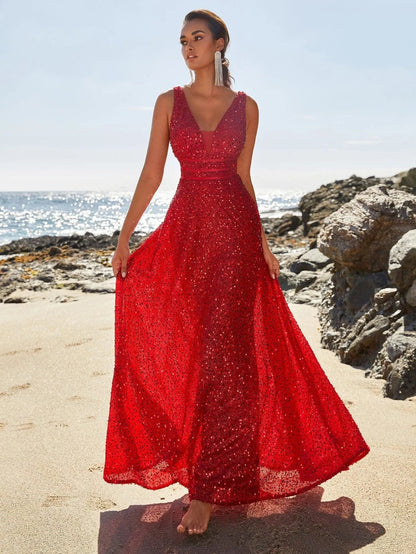 Elegant Deep V Neck Sequin A Line Prom Dresses - Elonnashop