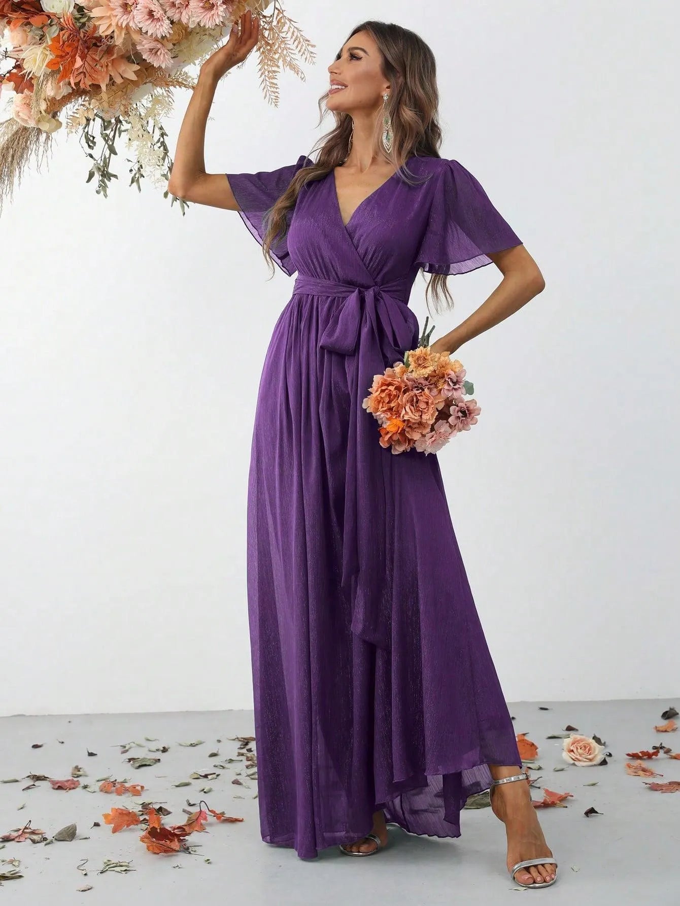 Additional product view of Belted V-Neck Chiffon A-Line Short-Sleeve Maxi Formal Dress