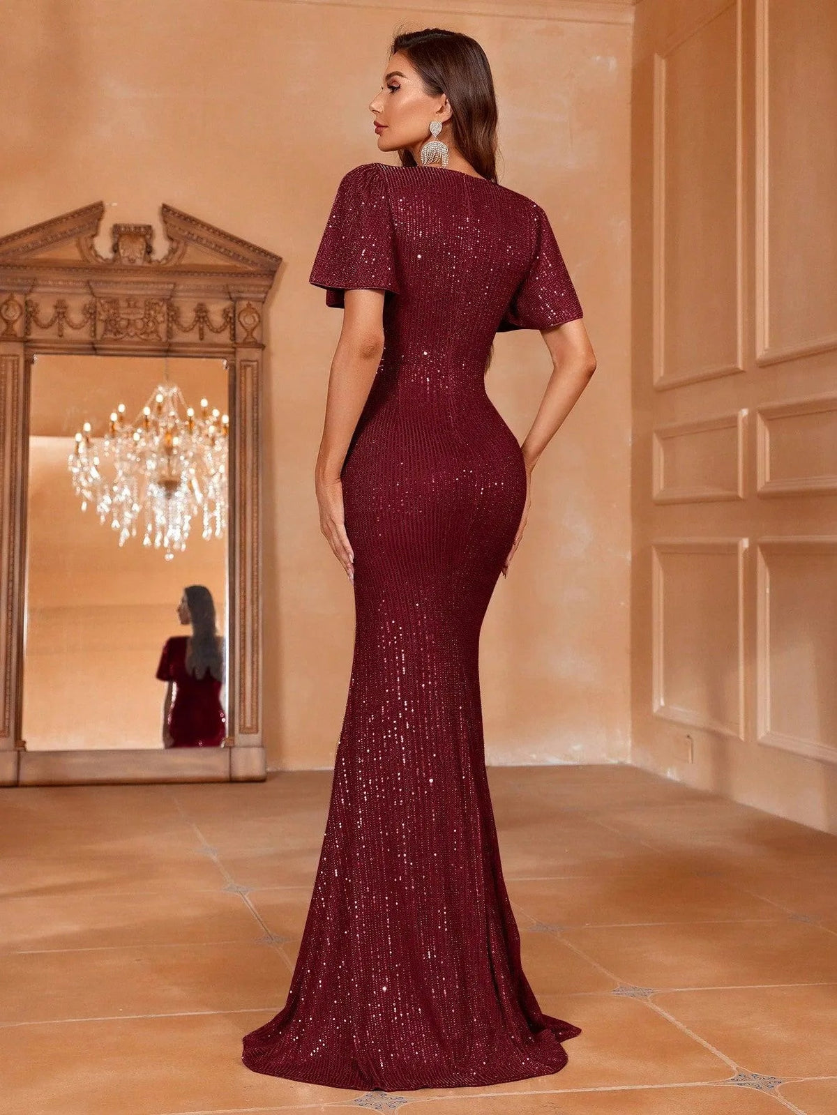 Additional product view of Twist Front Plunging-Neck V-Neck Sequin Mermaid Evening Gown