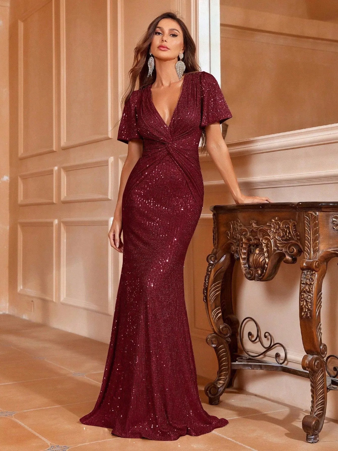 Additional product view of Twist Front Plunging-Neck V-Neck Sequin Mermaid Evening Gown