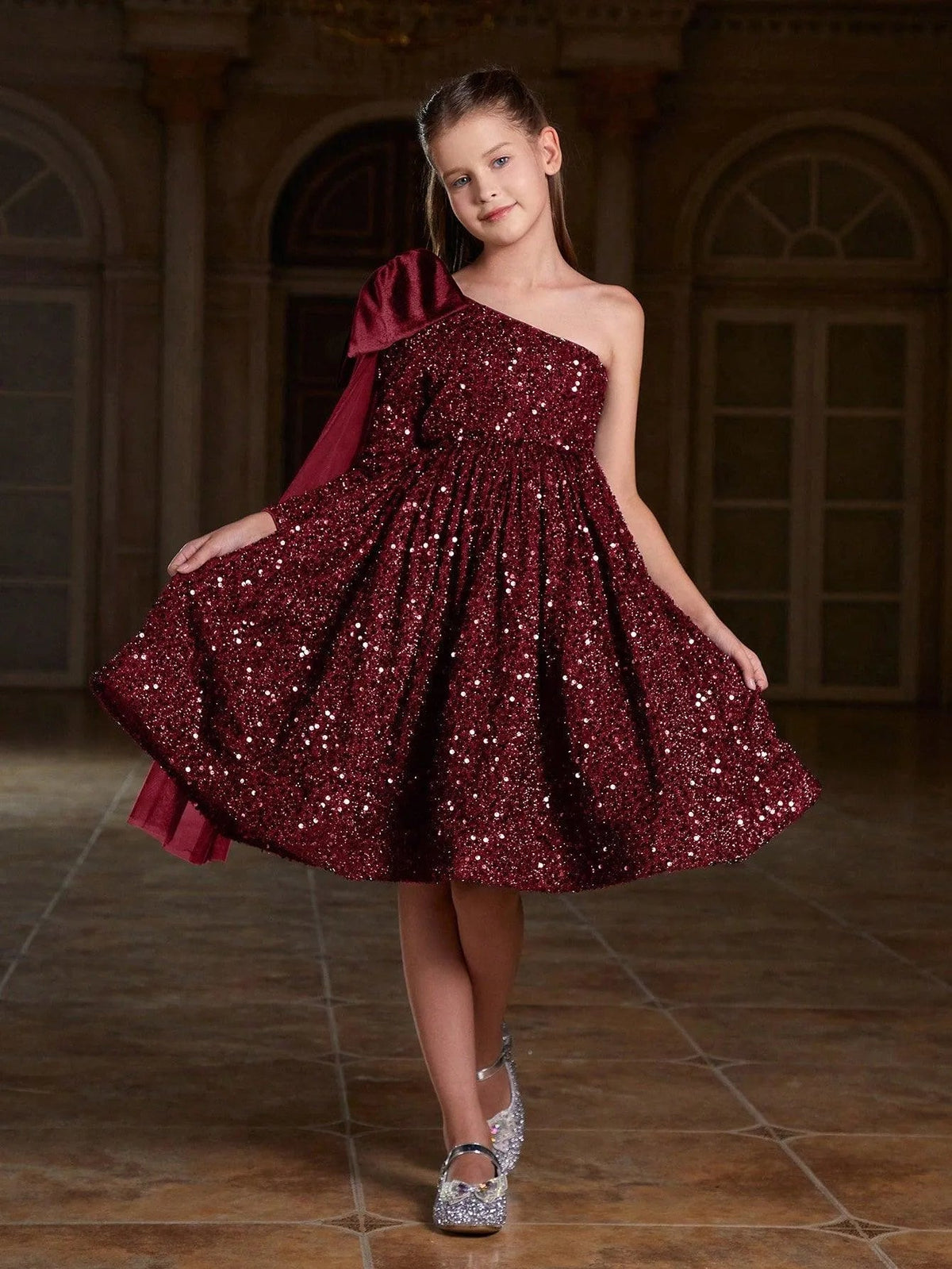 Additional product view of Bow Detail One-Shoulder Sequin A-Line Midi Tween Girls' Party Dress