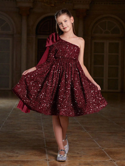 Additional product view of Bow Detail One-Shoulder Sequin A-Line Midi Tween Girls' Party Dress
