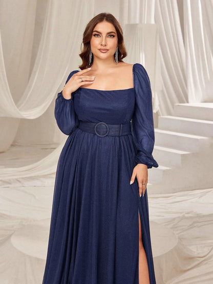 Plus Square Neck Lantern Sleeves Split Thigh Evening Dress – view 9