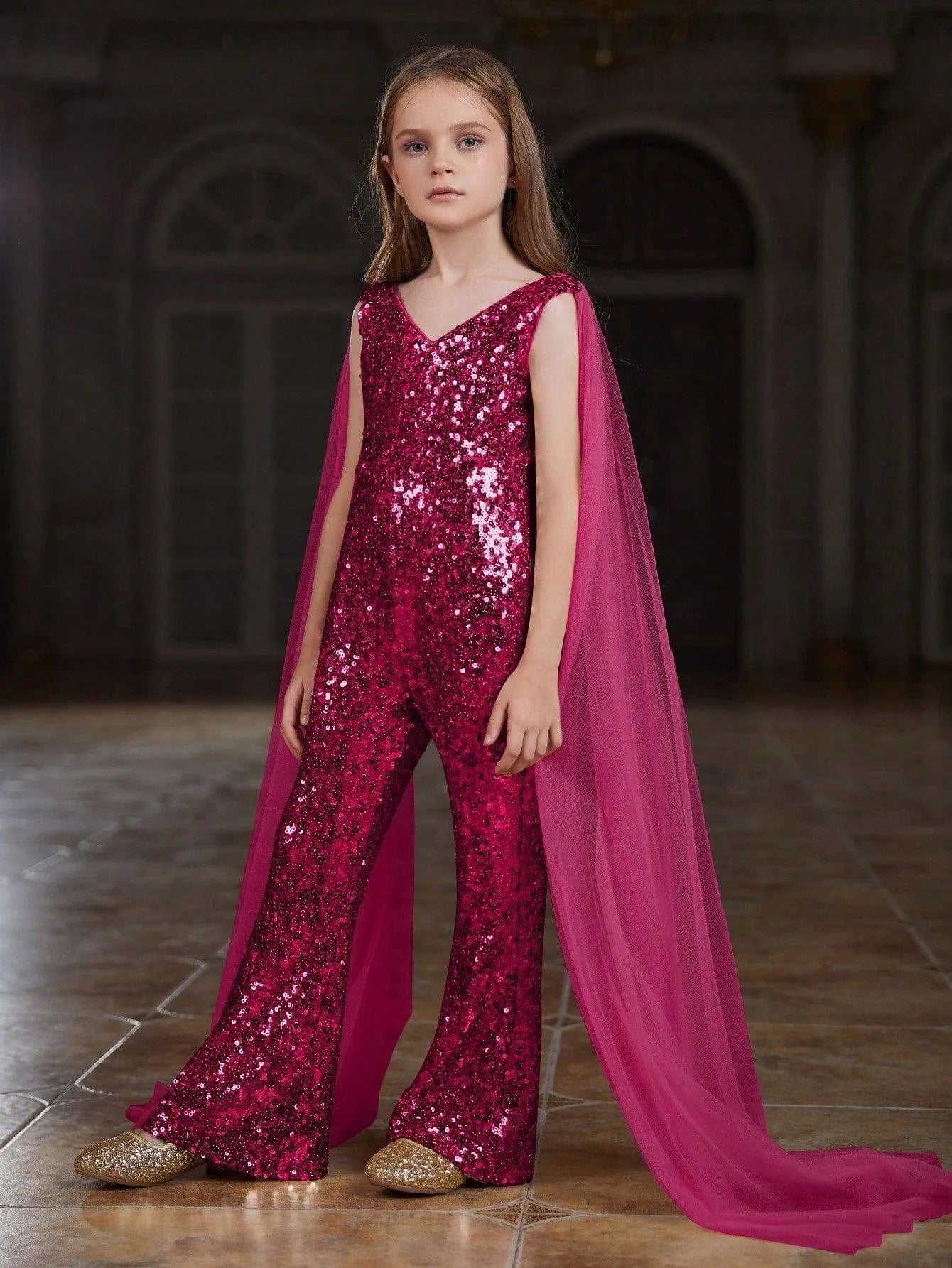 Additional product view of Cloak-Sleeve V-Neck Sequin Tween Girls' Party Jumpsuit