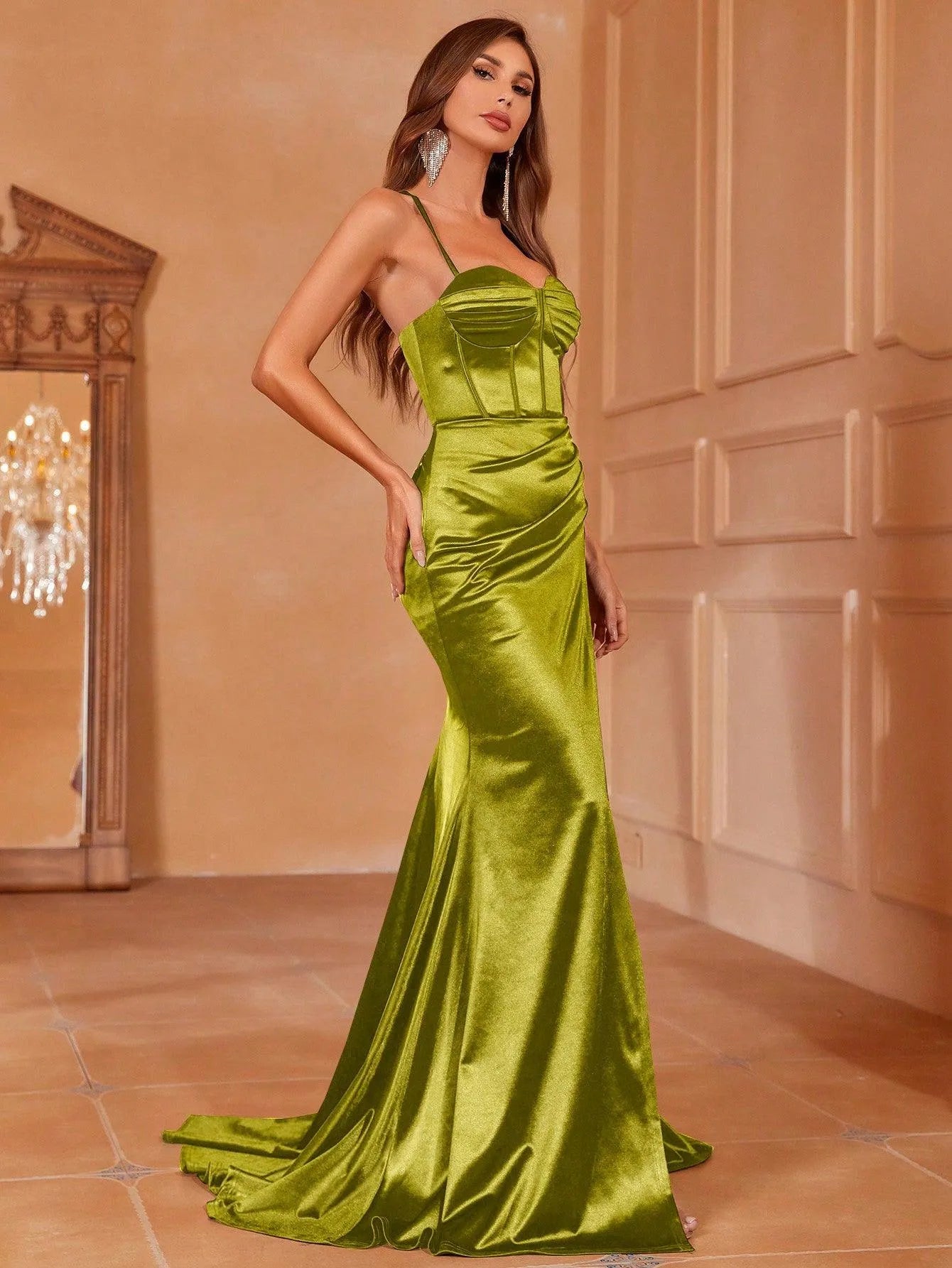Additional product view of Cami Strap Satin Backless Mermaid Sleeveless Evening Gown