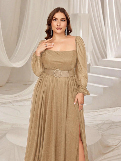 Plus Square Neck Lantern Sleeves Split Thigh Evening Dress – view 18