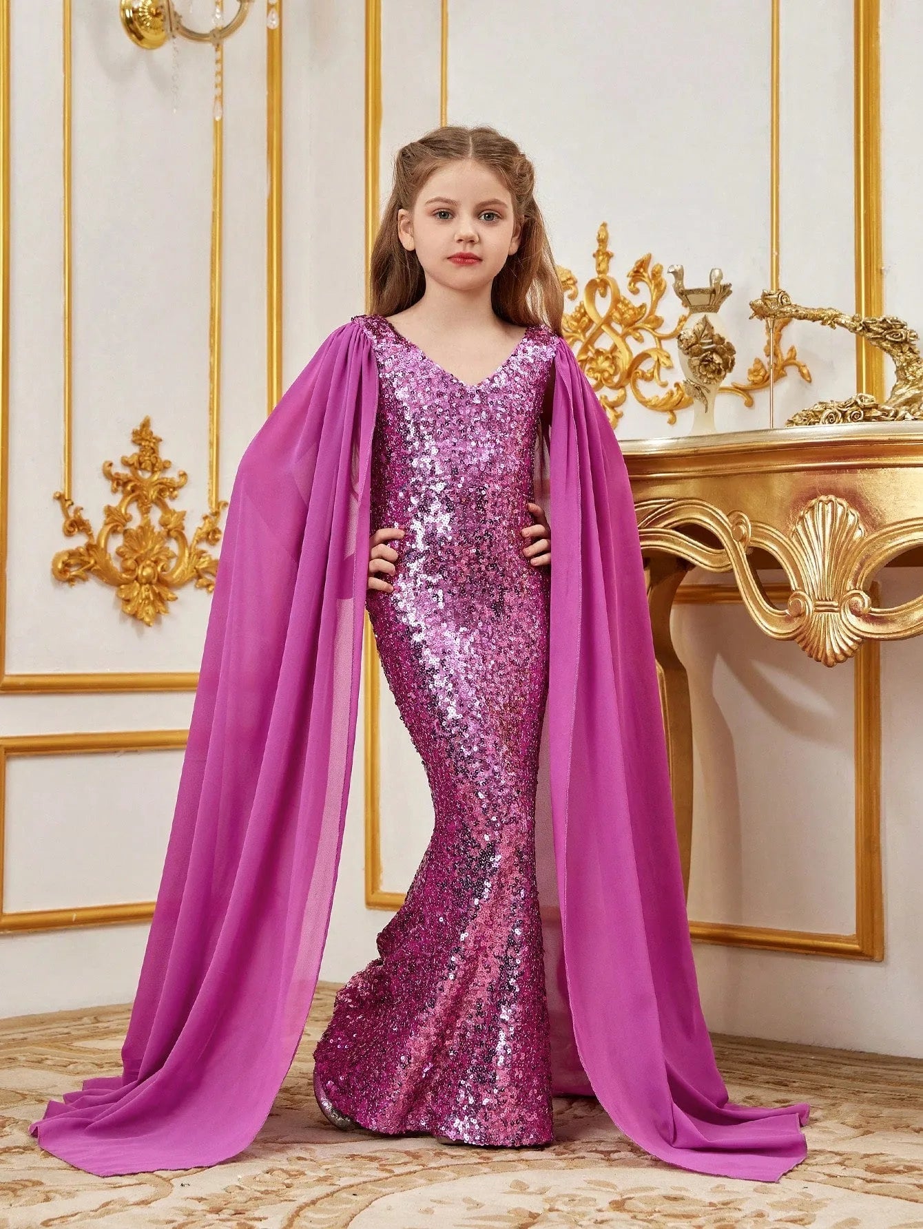 Additional product view of Cloak-Sleeve V-Neck Sequin Mermaid Chiffon Tween Girls' Party Dress