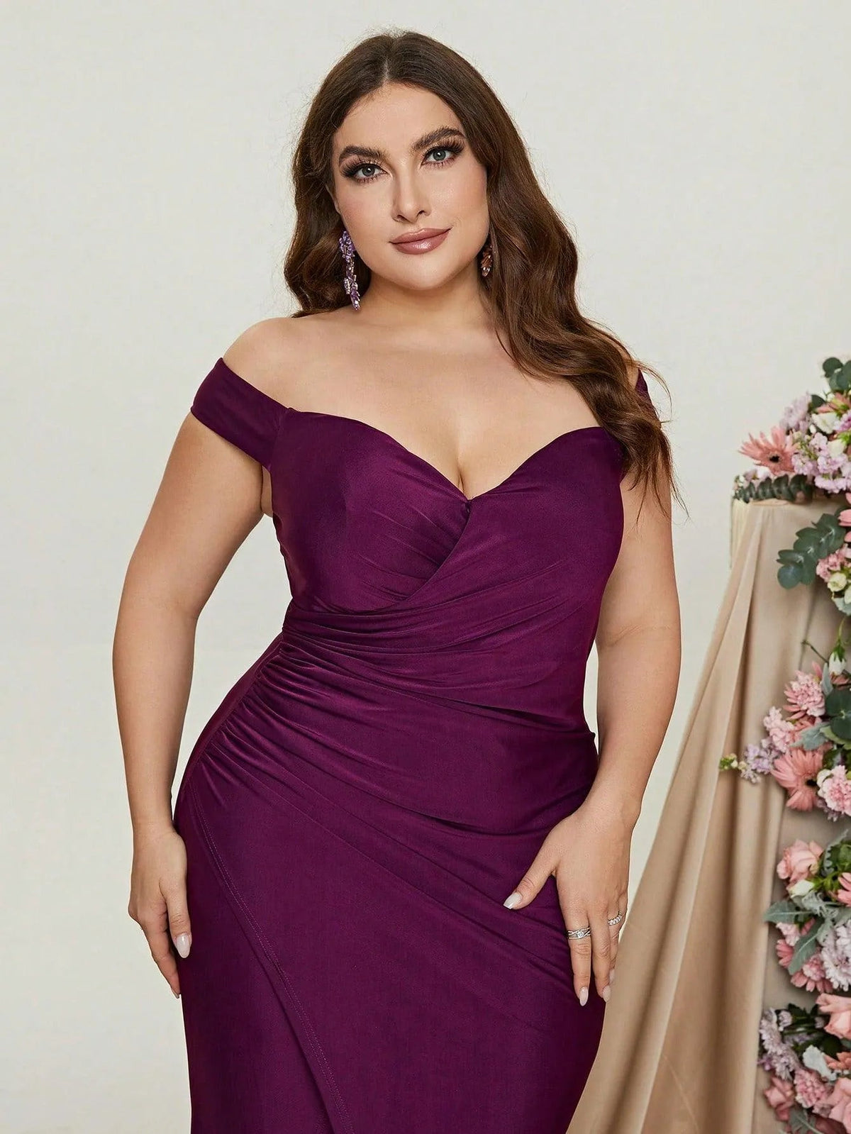 Additional product view of Ruched Wrap Plus-Size Off-Shoulder Knit High-Slit Evening Gown