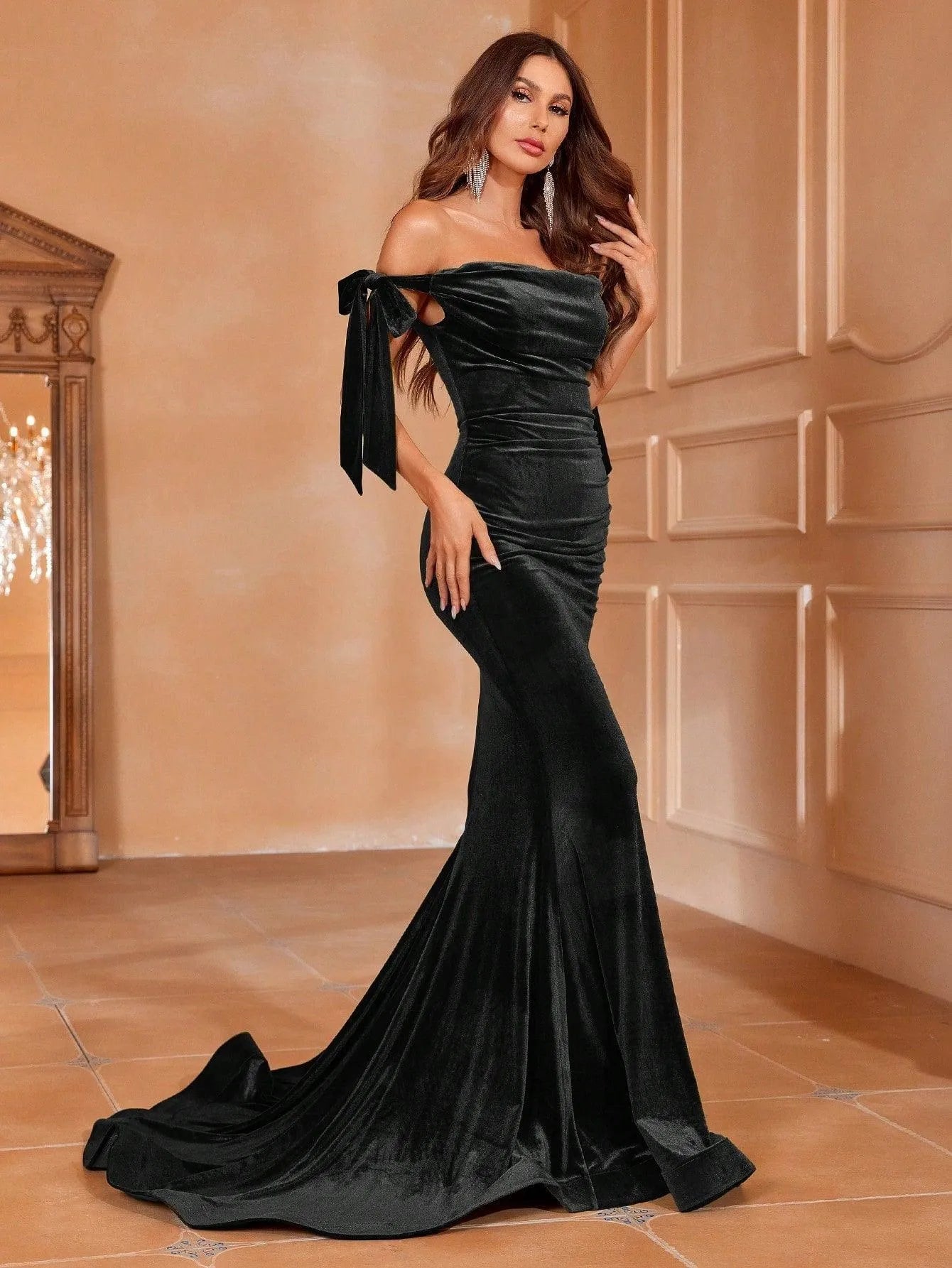 Additional product view of Off-Shoulder Velvet Mermaid Sleeveless Maxi Evening Gown