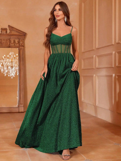 Alternate view of Cami Strap A-Line Sleeveless Maxi Evening Gown in Green