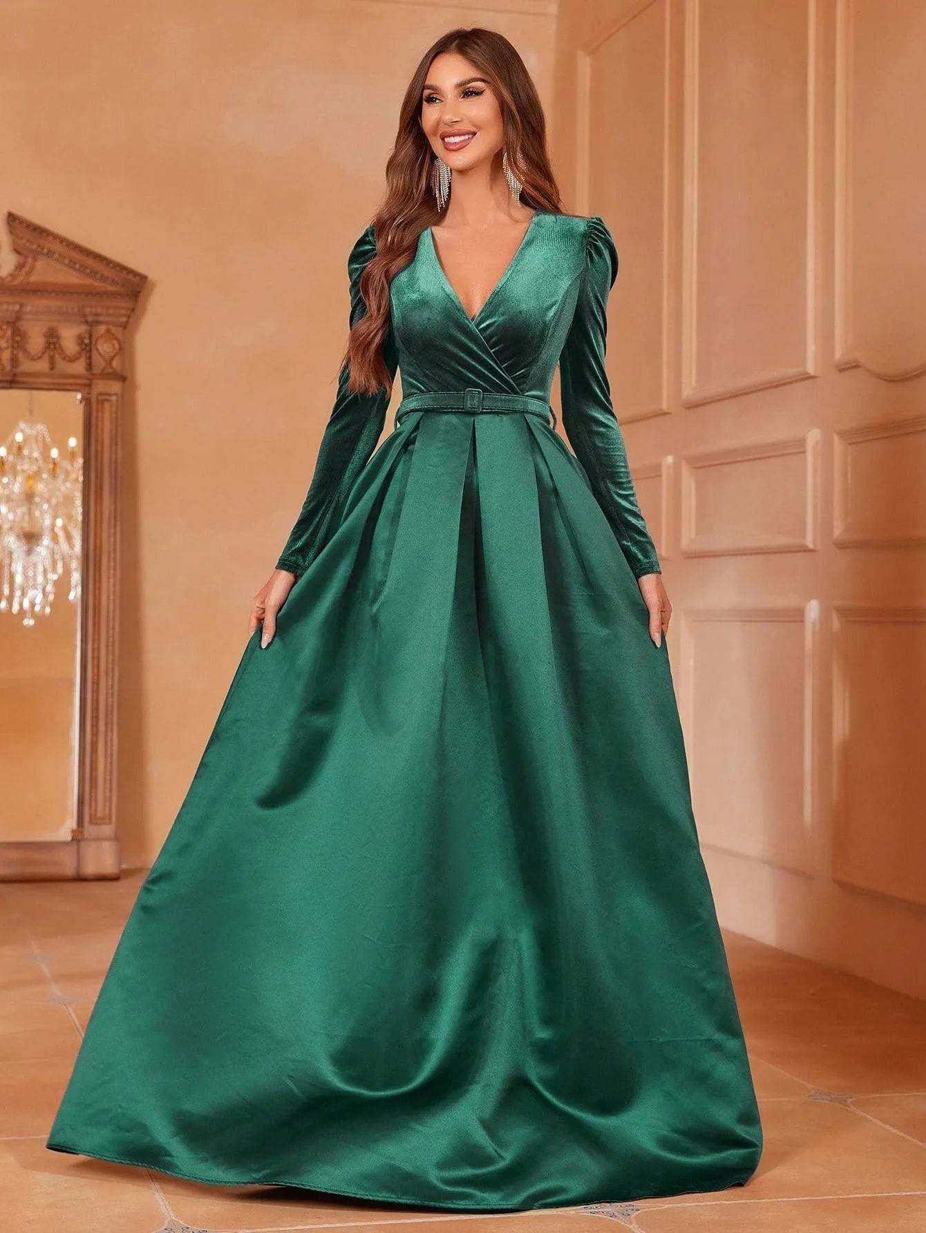 Alternate view of Surplice-Neck Belted V-Neck Satin A-Line Evening Gown in Dark Green