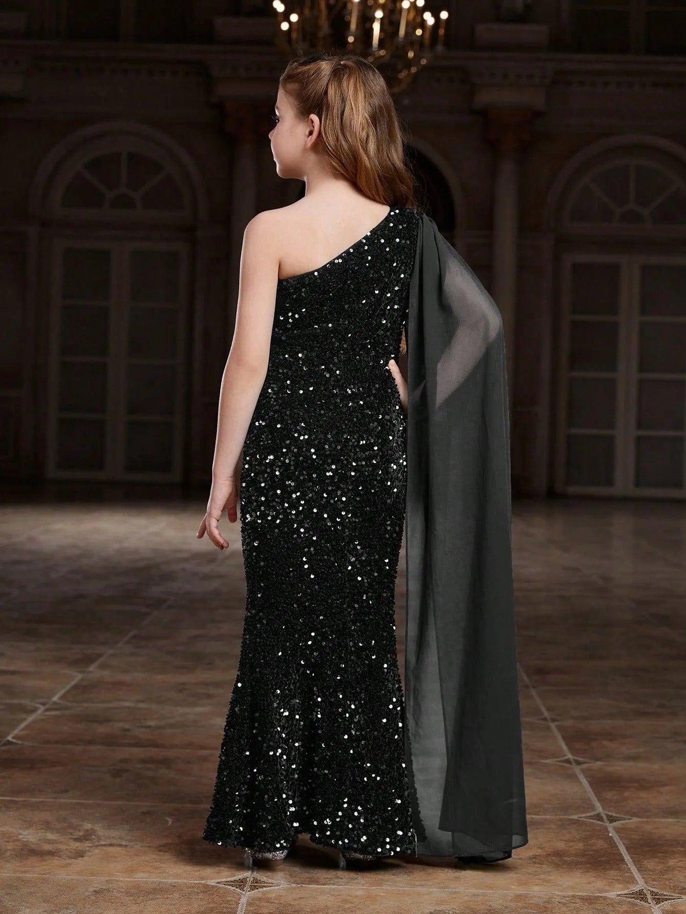 Additional product view of Draped Side One-Shoulder Sequin Mermaid Sleeveless Tween Girls' Party Dress