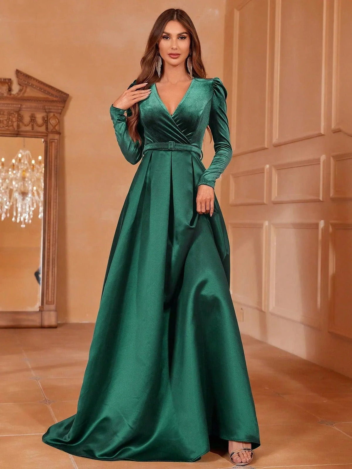 Additional product view of Surplice-Neck Belted V-Neck Satin A-Line Evening Gown