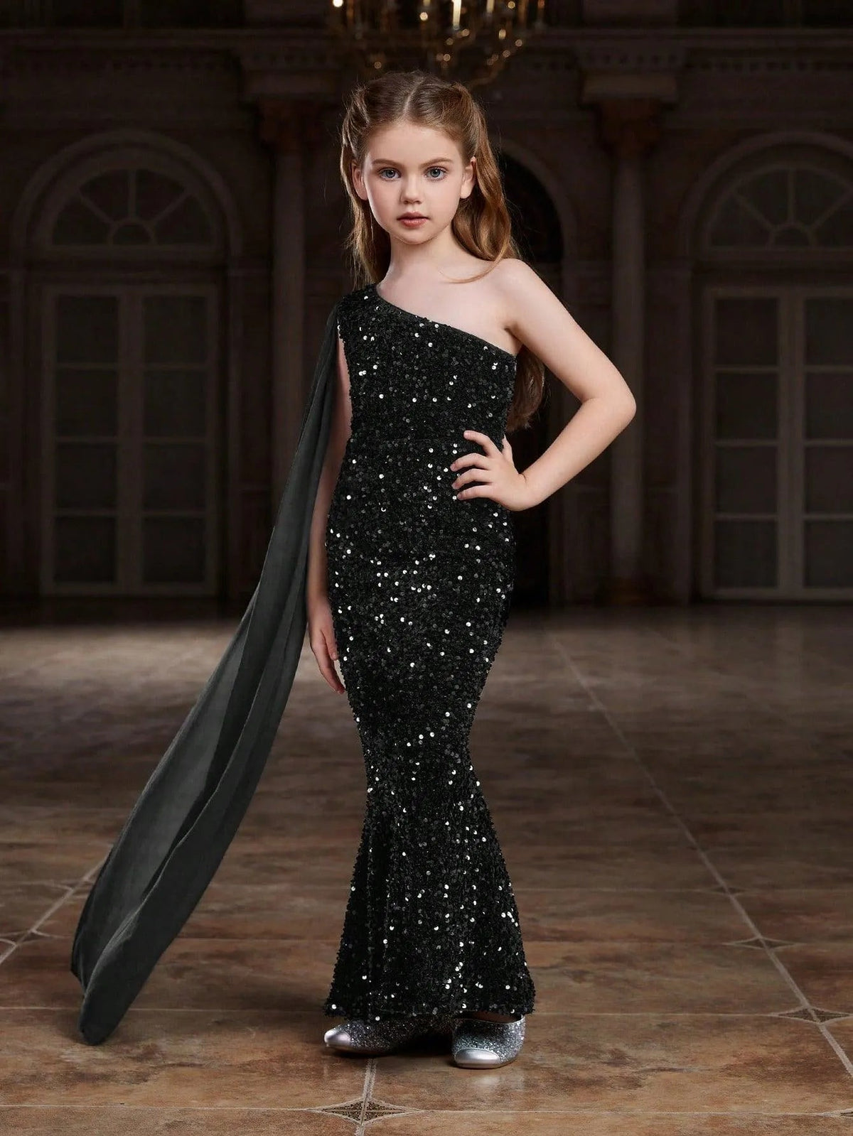Additional product view of Draped Side One-Shoulder Sequin Mermaid Sleeveless Tween Girls' Party Dress