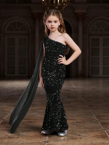 Additional product view of Draped Side One-Shoulder Sequin Mermaid Sleeveless Tween Girls' Party Dress