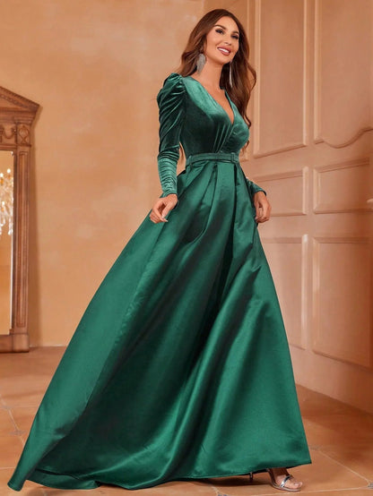 Additional product view of Surplice-Neck Belted V-Neck Satin A-Line Evening Gown
