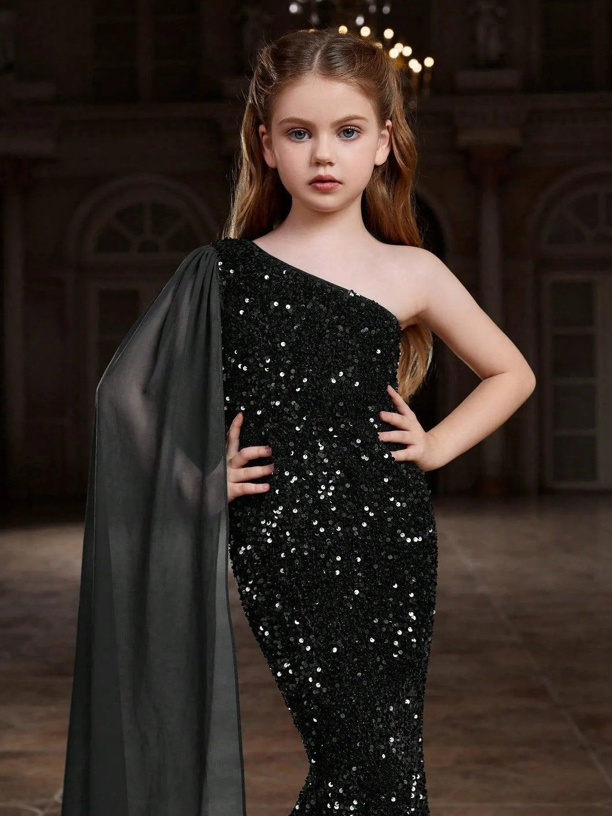Additional product view of Draped Side One-Shoulder Sequin Mermaid Sleeveless Tween Girls' Party Dress