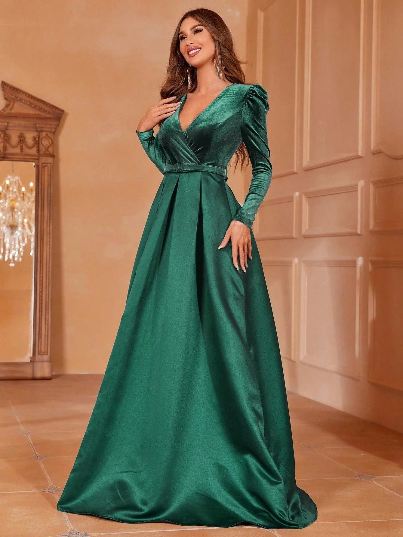 Additional product view of Surplice-Neck Belted V-Neck Satin A-Line Evening Gown