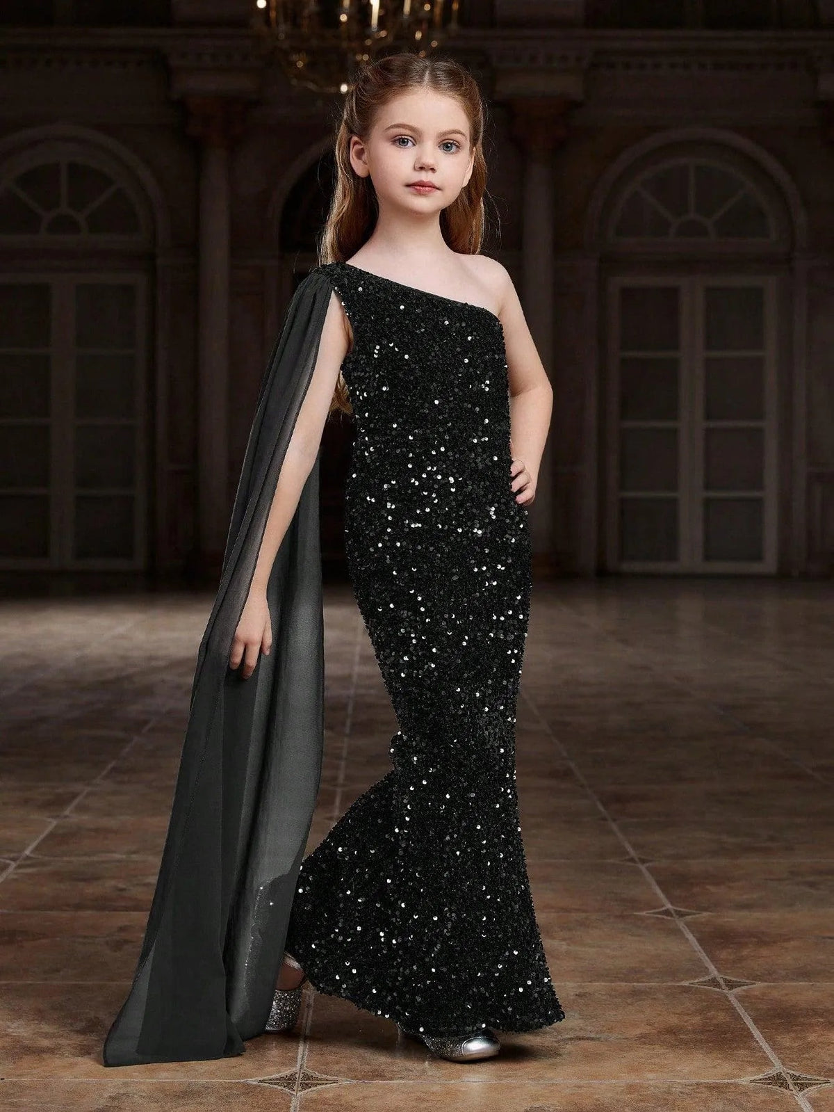 Additional product view of Draped Side One-Shoulder Sequin Mermaid Sleeveless Tween Girls' Party Dress