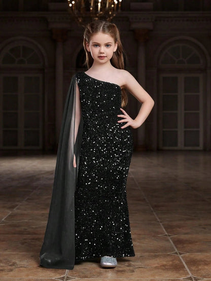 Additional product view of Draped Side One-Shoulder Sequin Mermaid Sleeveless Tween Girls' Party Dress