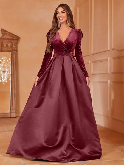 Alternate view of Surplice-Neck Belted V-Neck Satin A-Line Evening Gown in Burgundy