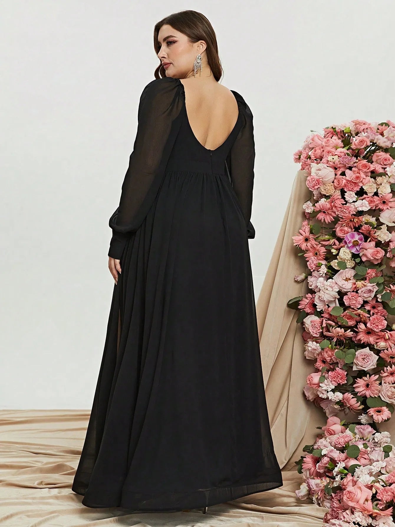 Plus Sweetheart Neck Backless Long Sleeve Chiffon A line Dress