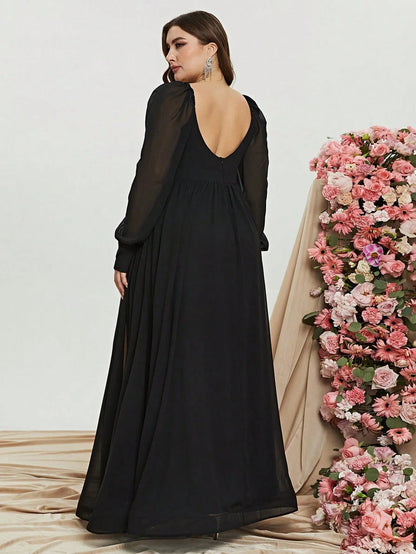 Plus Sweetheart Neck Backless Long Sleeve Chiffon A line Dress