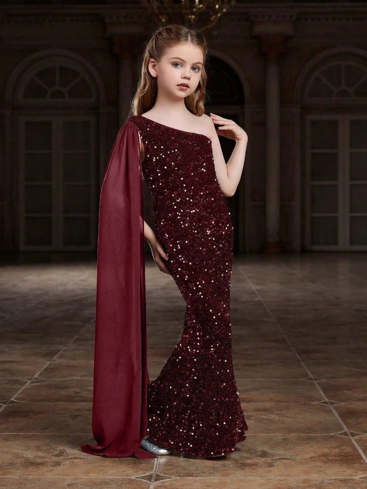 Alternate view of Draped Side One-Shoulder Sequin Mermaid Sleeveless Tween Girls' Party Dress in Burgundy
