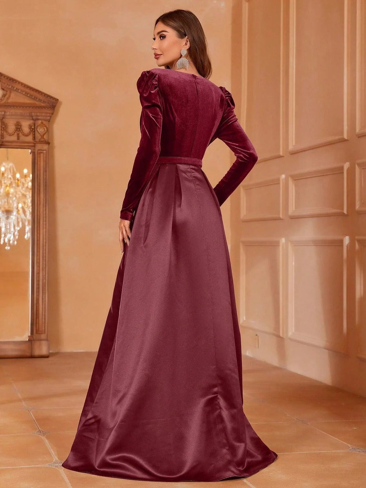 Additional product view of Surplice-Neck Belted V-Neck Satin A-Line Evening Gown
