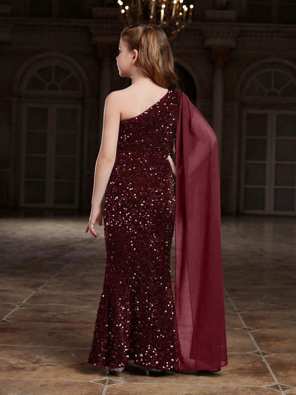 Additional product view of Draped Side One-Shoulder Sequin Mermaid Sleeveless Tween Girls' Party Dress