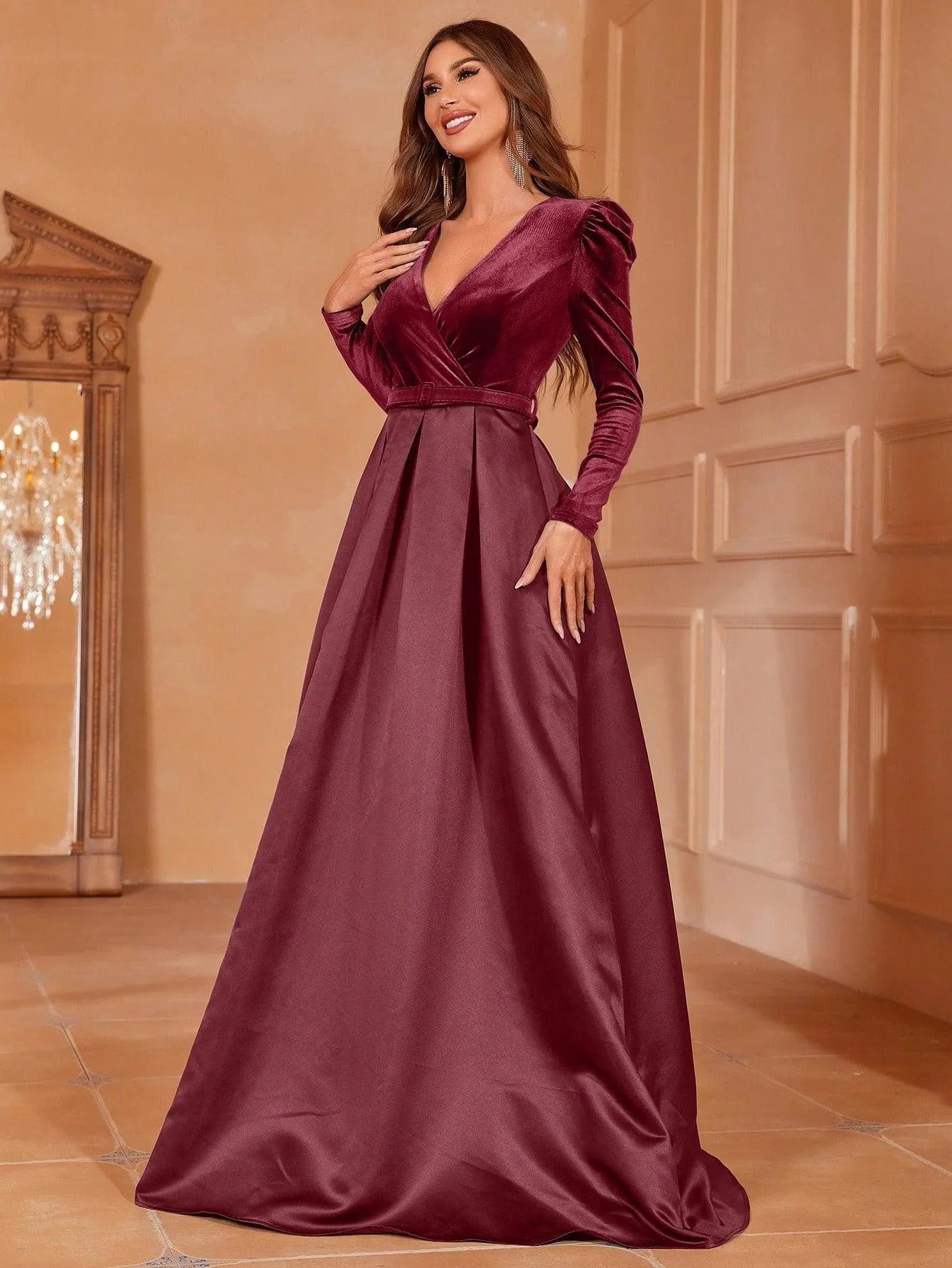 Additional product view of Surplice-Neck Belted V-Neck Satin A-Line Evening Gown