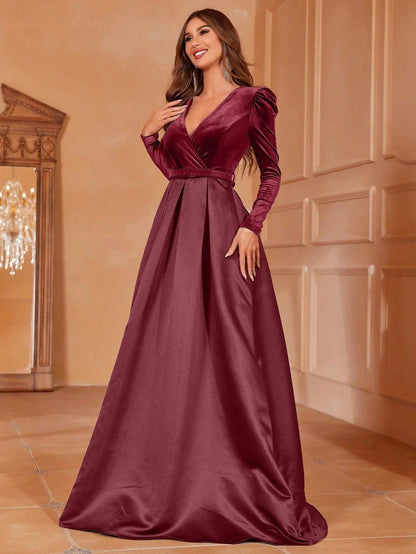 Additional product view of Surplice-Neck Belted V-Neck Satin A-Line Evening Gown