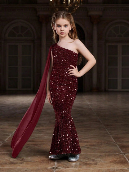 Additional product view of Draped Side One-Shoulder Sequin Mermaid Sleeveless Tween Girls' Party Dress