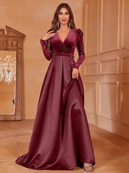 Additional product view of Surplice-Neck Belted V-Neck Satin A-Line Evening Gown