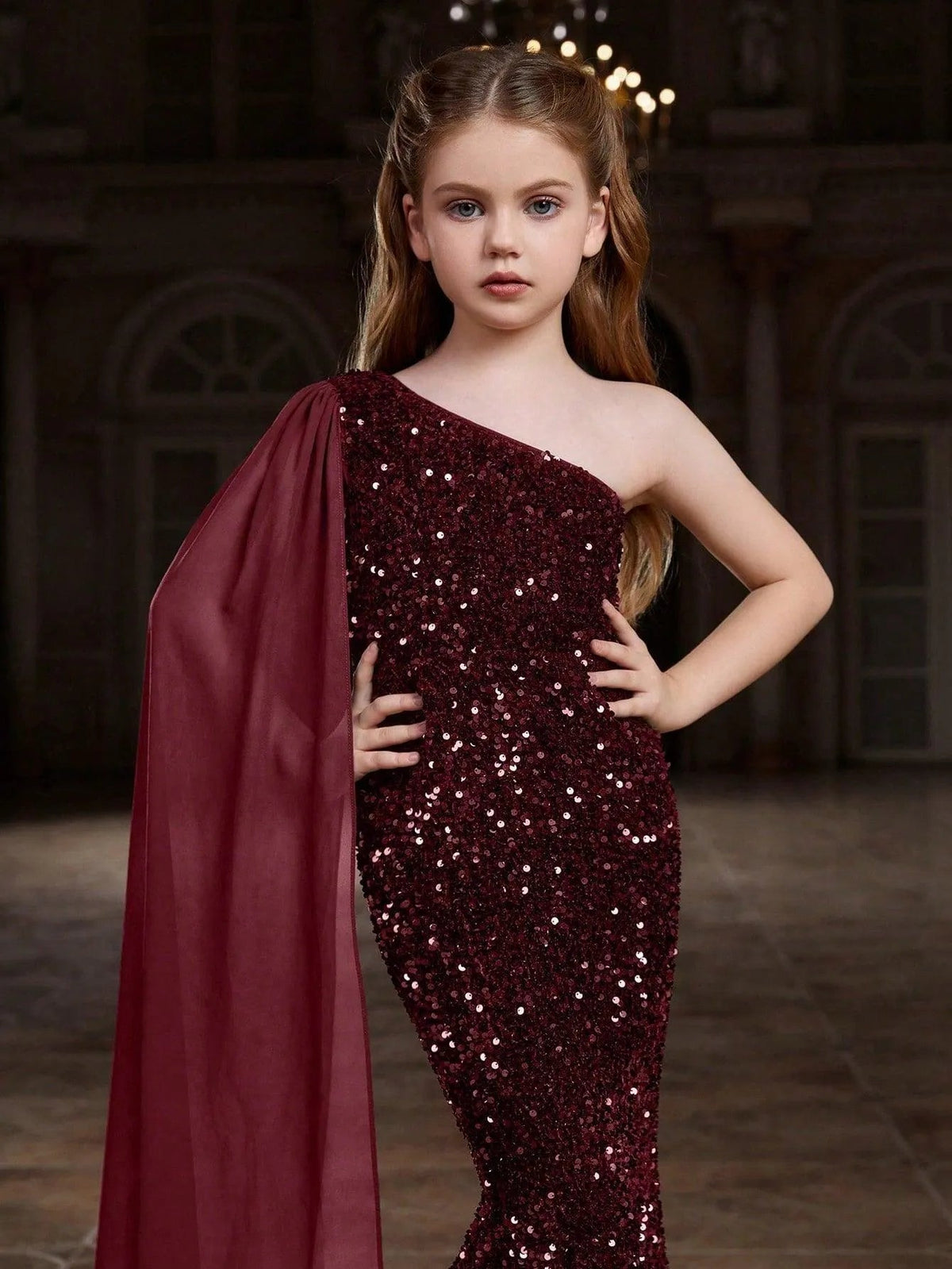 Additional product view of Draped Side One-Shoulder Sequin Mermaid Sleeveless Tween Girls' Party Dress