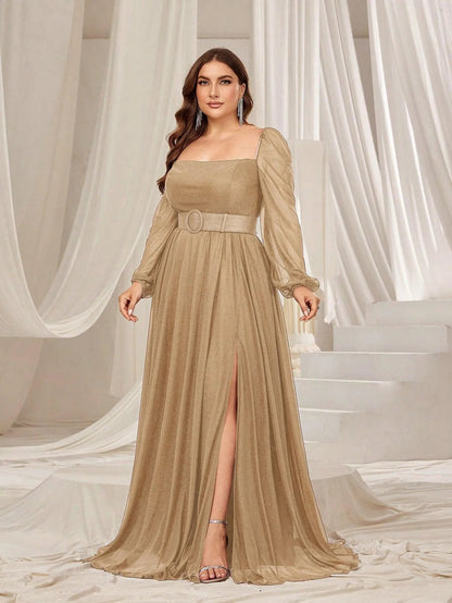 Plus Square Neck Lantern Sleeves Split Thigh Evening Dress – view 16