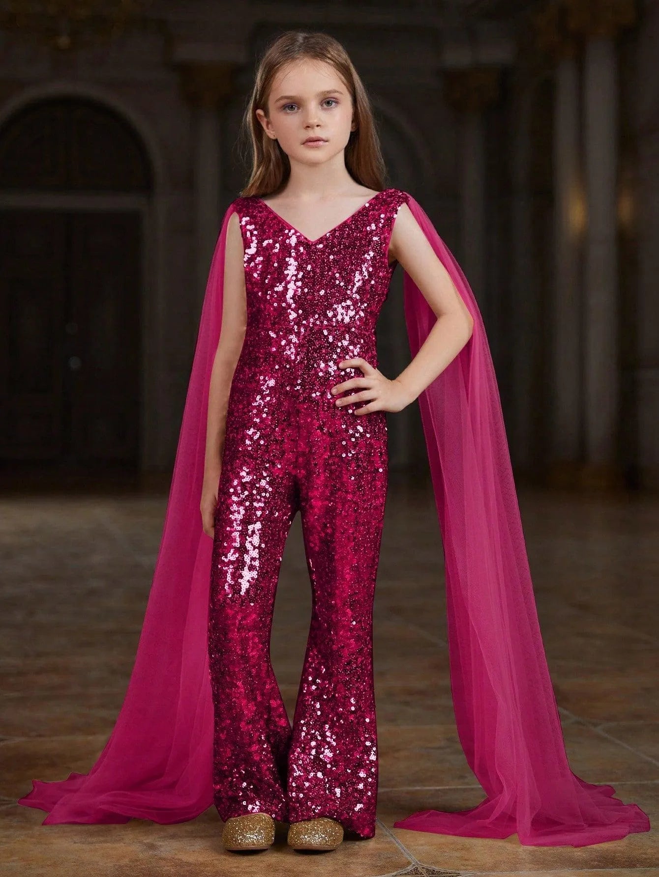 Additional product view of Cloak-Sleeve V-Neck Sequin Tween Girls' Party Jumpsuit