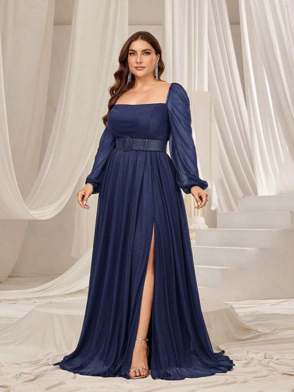 Plus Square Neck Lantern Sleeves Split Thigh Evening Dress – view 11