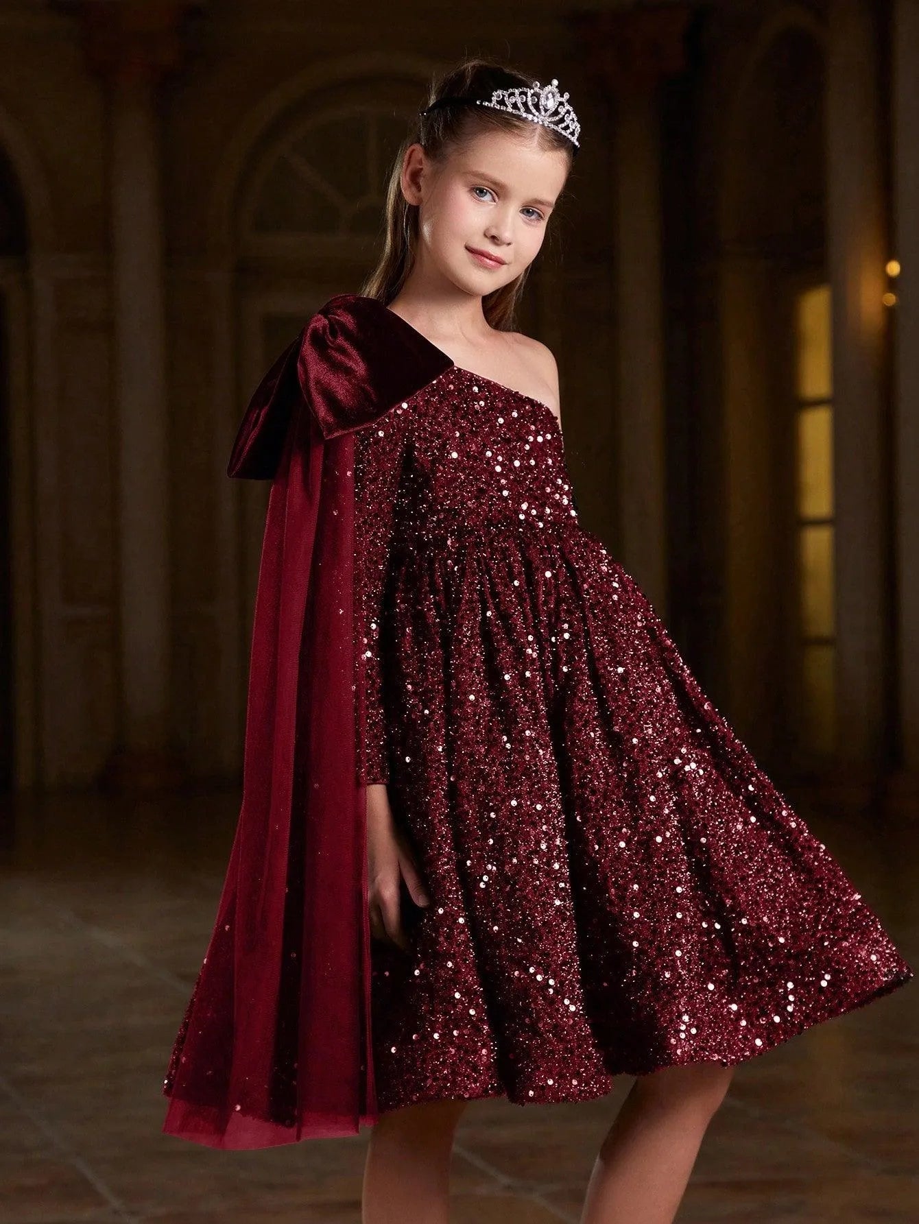 Additional product view of Bow Detail One-Shoulder Sequin A-Line Midi Tween Girls' Party Dress