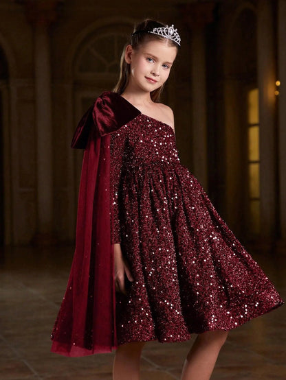 Additional product view of Bow Detail One-Shoulder Sequin A-Line Midi Tween Girls' Party Dress
