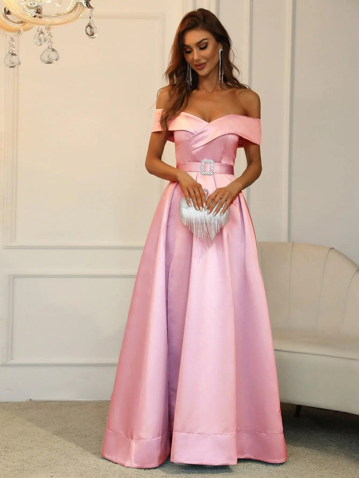 Additional product view of Belted Off-Shoulder Satin High-Slit A-Line Evening Gown