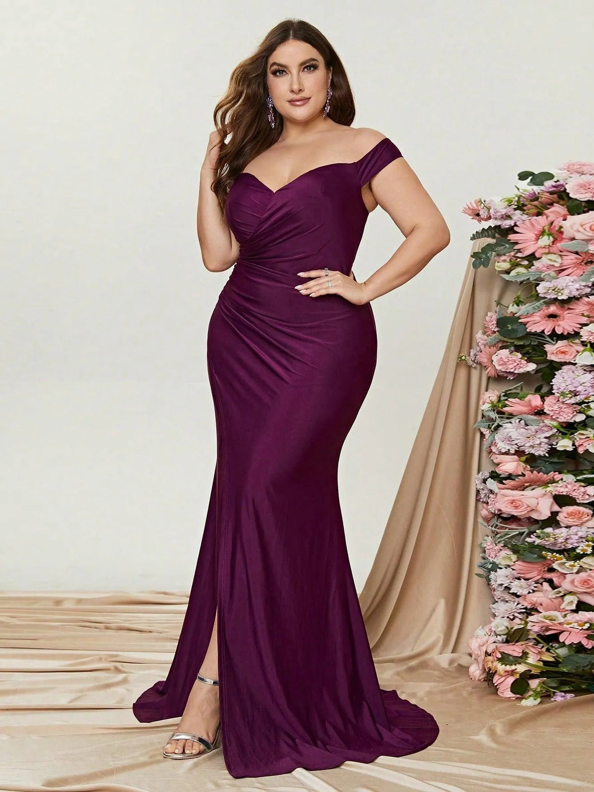 Additional product view of Ruched Wrap Plus-Size Off-Shoulder Knit High-Slit Evening Gown