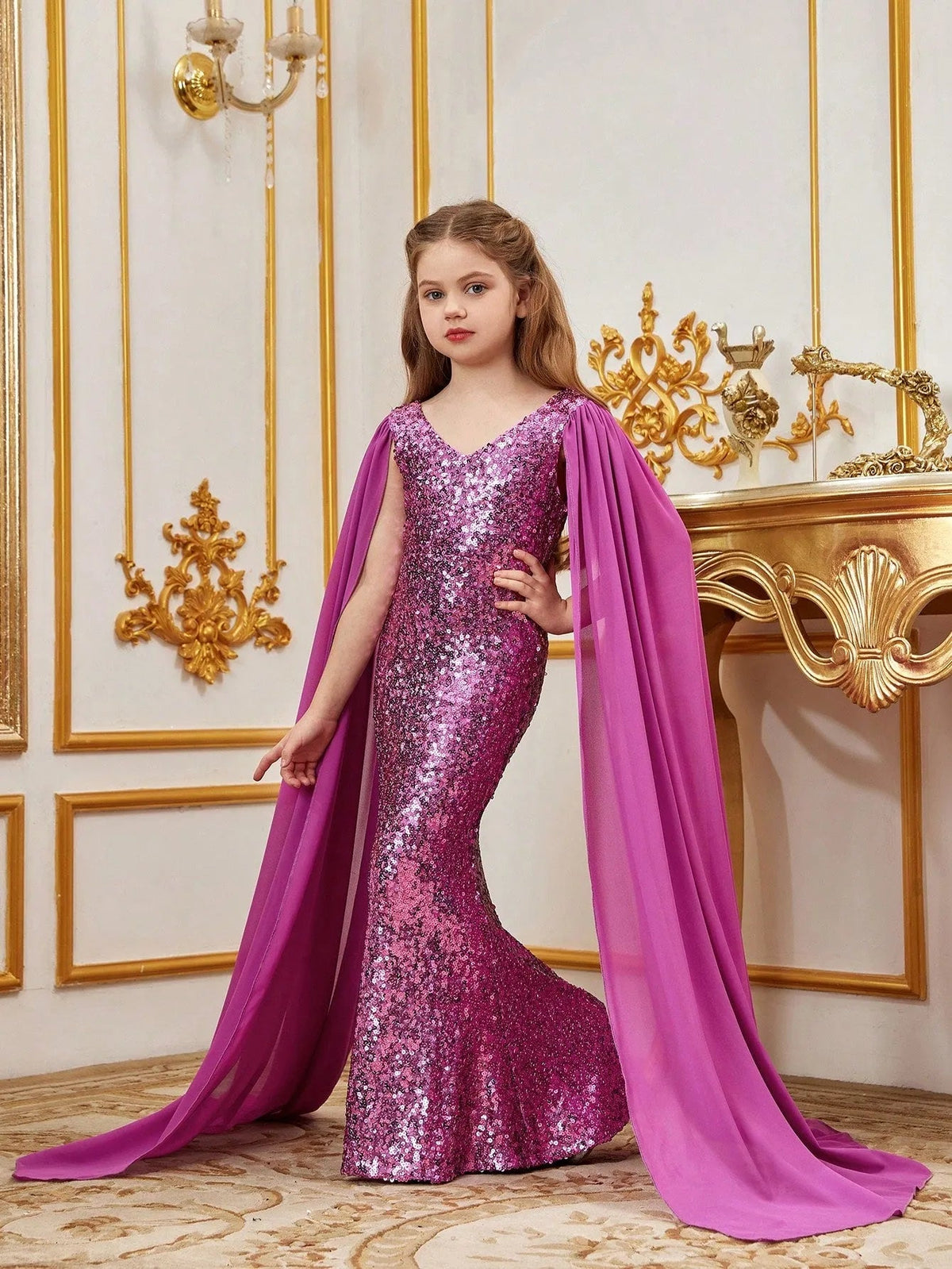 Additional product view of Cloak-Sleeve V-Neck Sequin Mermaid Chiffon Tween Girls' Party Dress