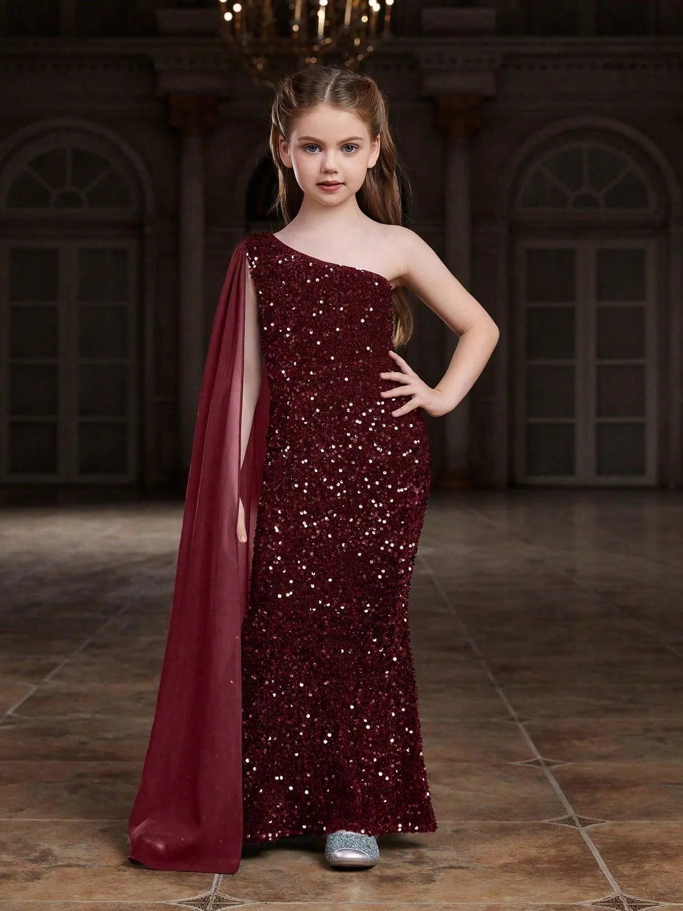 Additional product view of Draped Side One-Shoulder Sequin Mermaid Sleeveless Tween Girls' Party Dress
