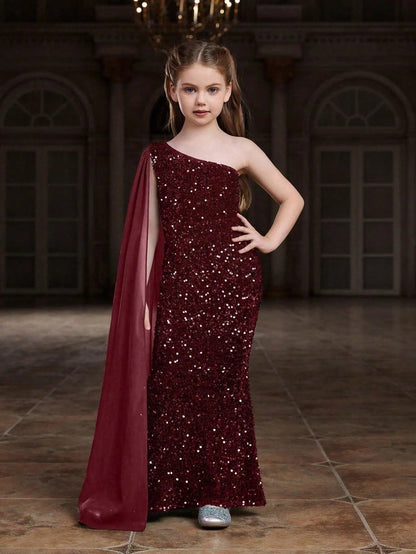 Additional product view of Draped Side One-Shoulder Sequin Mermaid Sleeveless Tween Girls' Party Dress