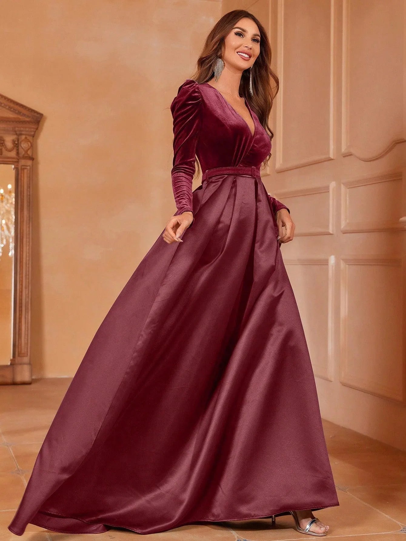 Additional product view of Surplice-Neck Belted V-Neck Satin A-Line Evening Gown