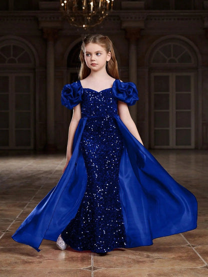 Mesh Overlay Sweetheart-Neck Sequin Mermaid Short-Sleeve Tween Girls' Party Dress in Royal Blue