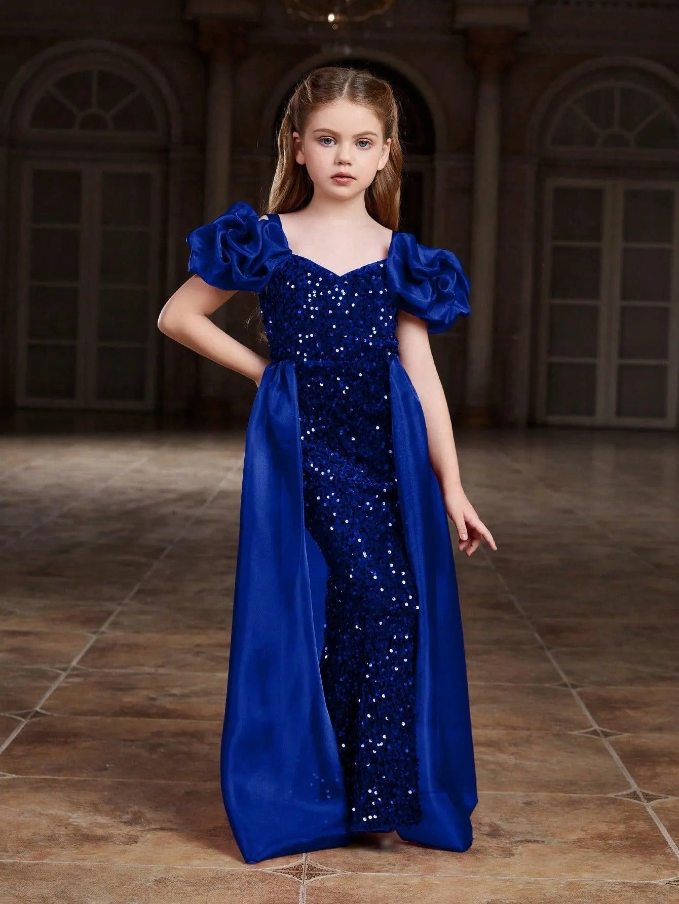Additional product view of Mesh Overlay Sweetheart-Neck Sequin Mermaid Short-Sleeve Tween Girls' Party Dress