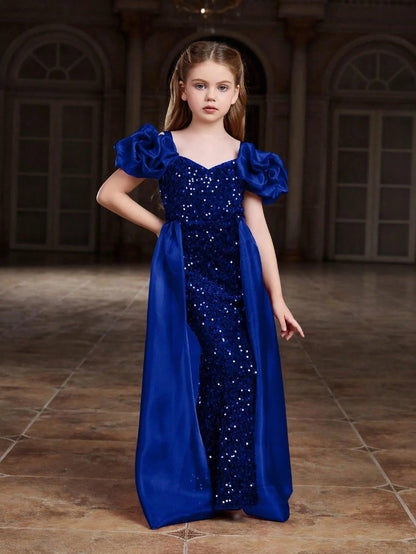 Additional product view of Mesh Overlay Sweetheart-Neck Sequin Mermaid Short-Sleeve Tween Girls' Party Dress