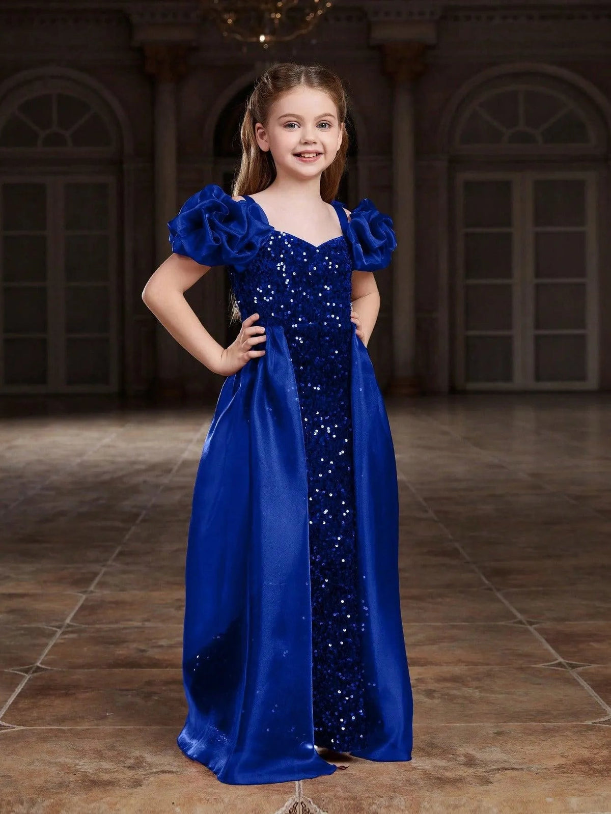 Additional product view of Mesh Overlay Sweetheart-Neck Sequin Mermaid Short-Sleeve Tween Girls' Party Dress